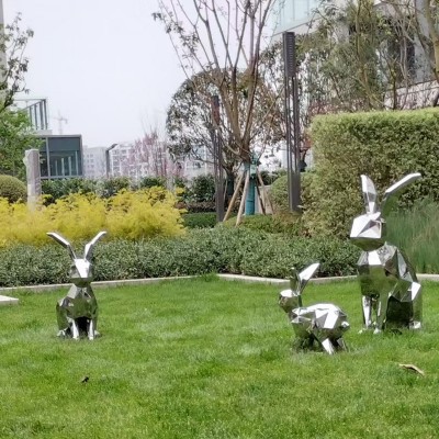 不锈钢金属创意动物雕塑几何块熊户外花园草坪美陈装饰景观摆件