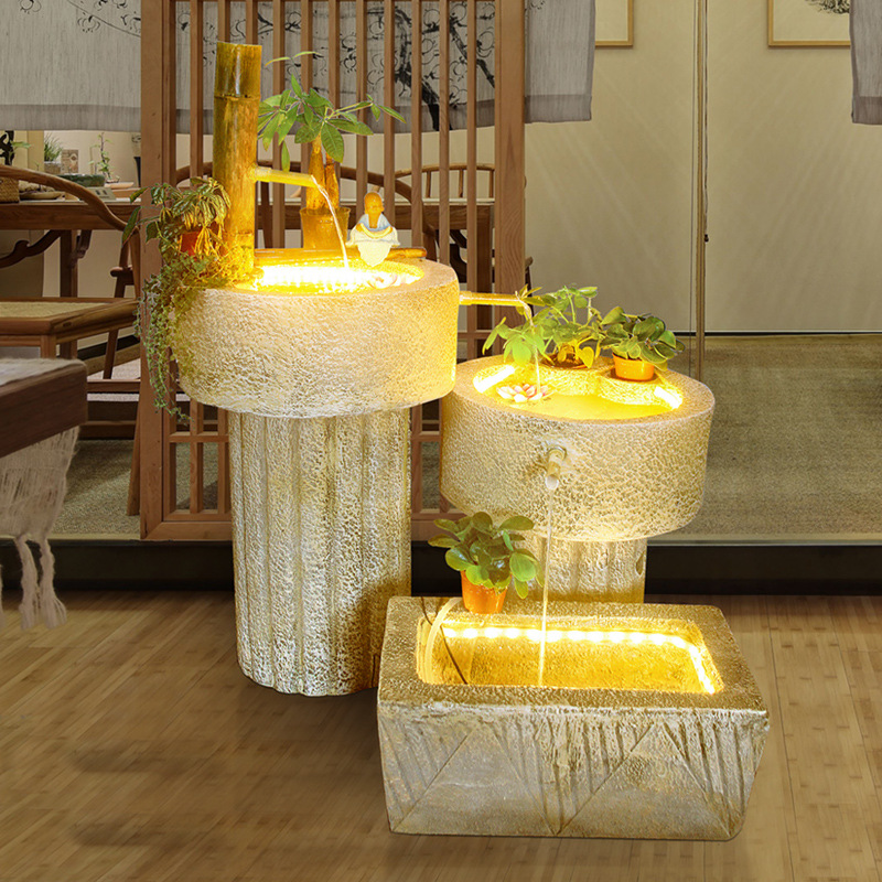 日式仿石竹子喷泉流水摆件创意办公酒店餐厅石墨鱼池造景观装饰品