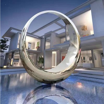 不锈钢圆环雕塑户外大型镂空发光镜面喷雾月亮环城市抽象景观定