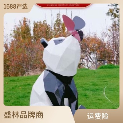 大型户外玻璃钢卡通公园草坪仿真发光摆件不锈钢几何熊猫动物雕塑